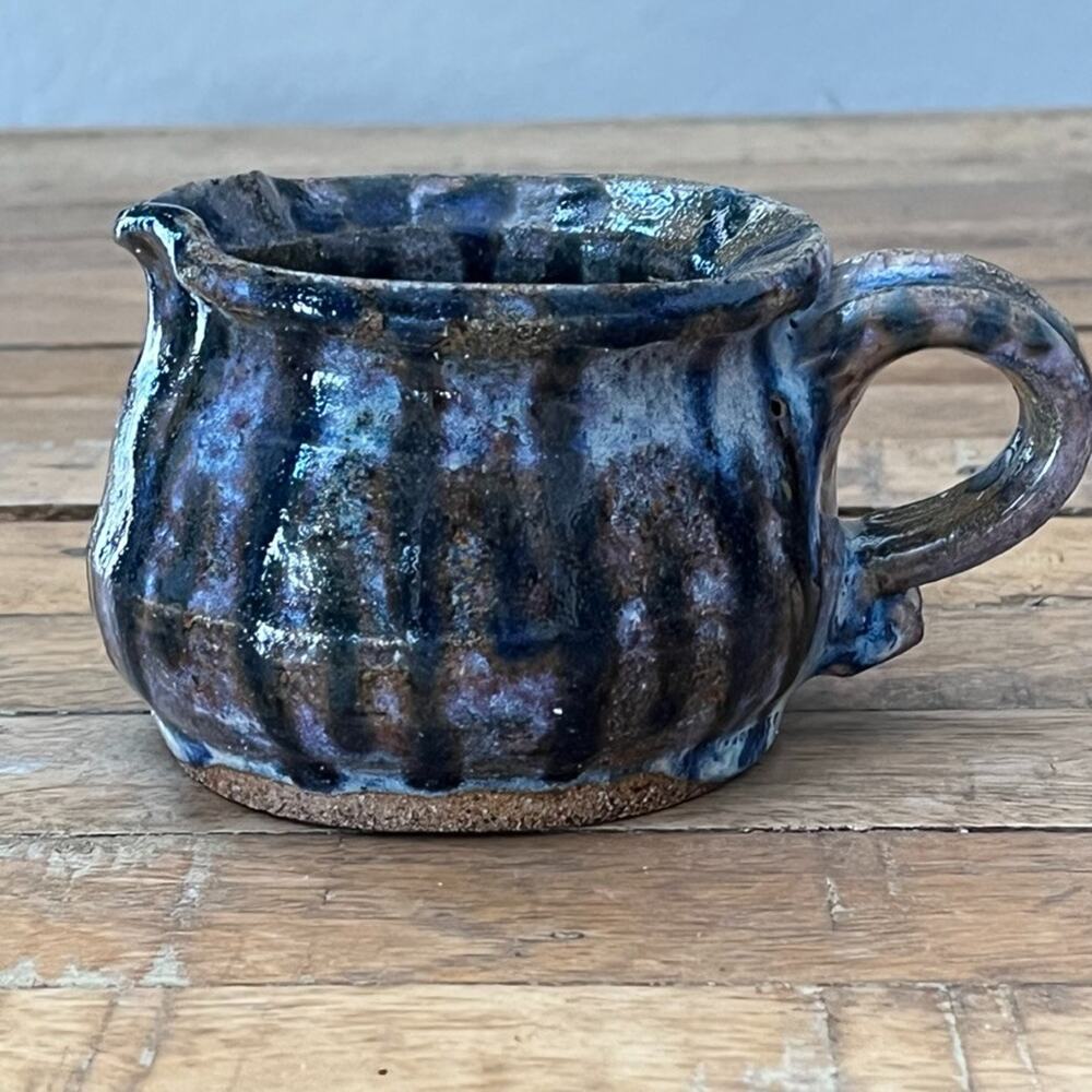 Art Studio Pottery Creamer Mug 3" Spout Blue & Brown Drip Glaze Signed
